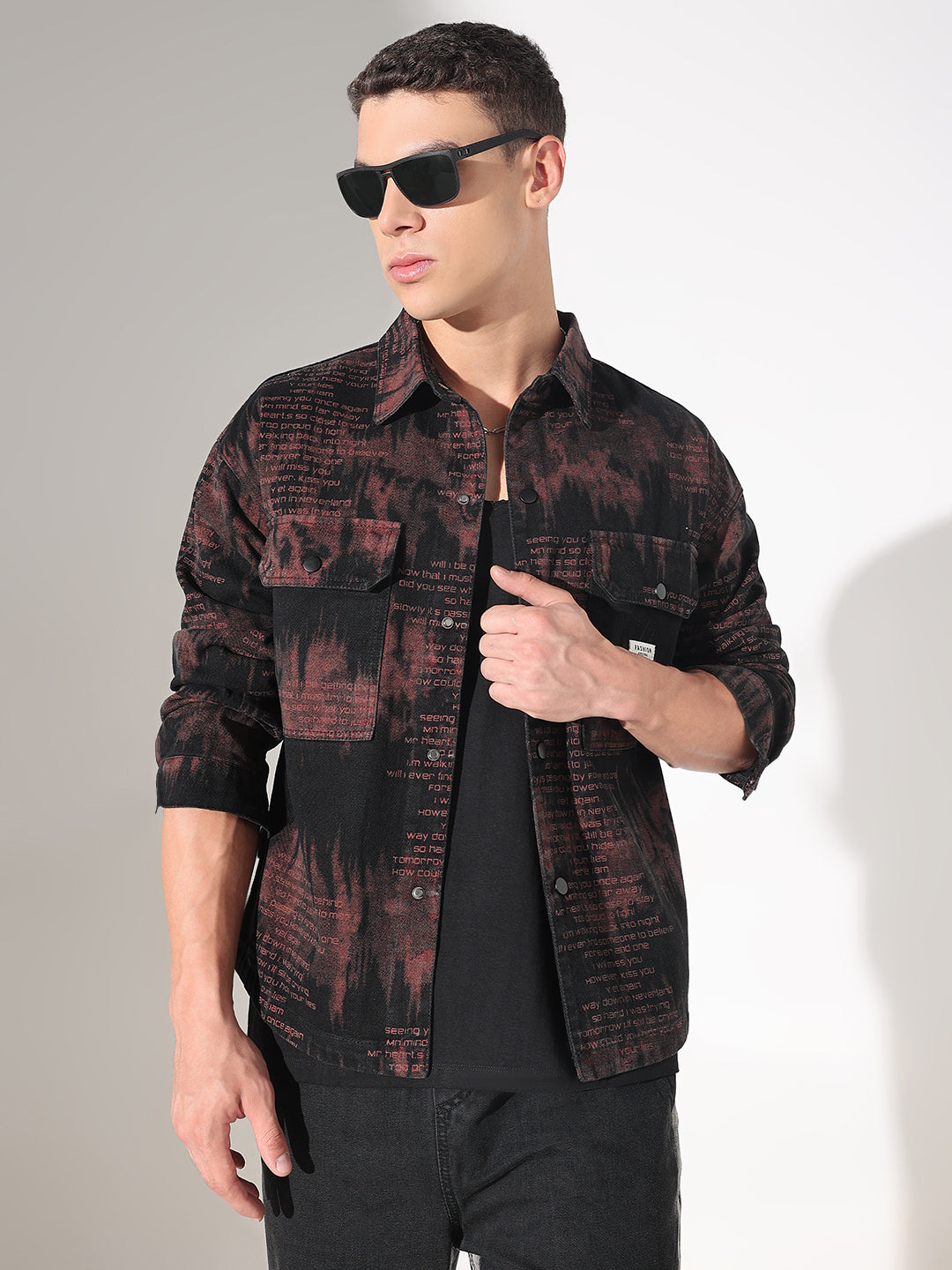 Men's Abstract Black Denim Button Down Shacket