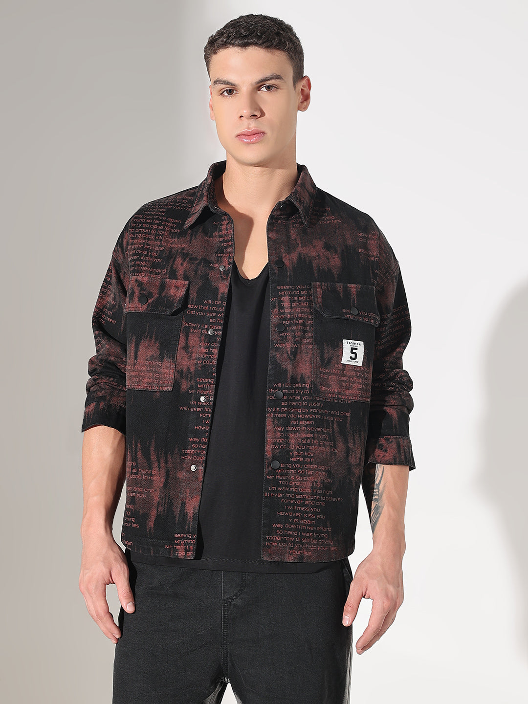 Men's Abstract Black Denim Button Down Shacket