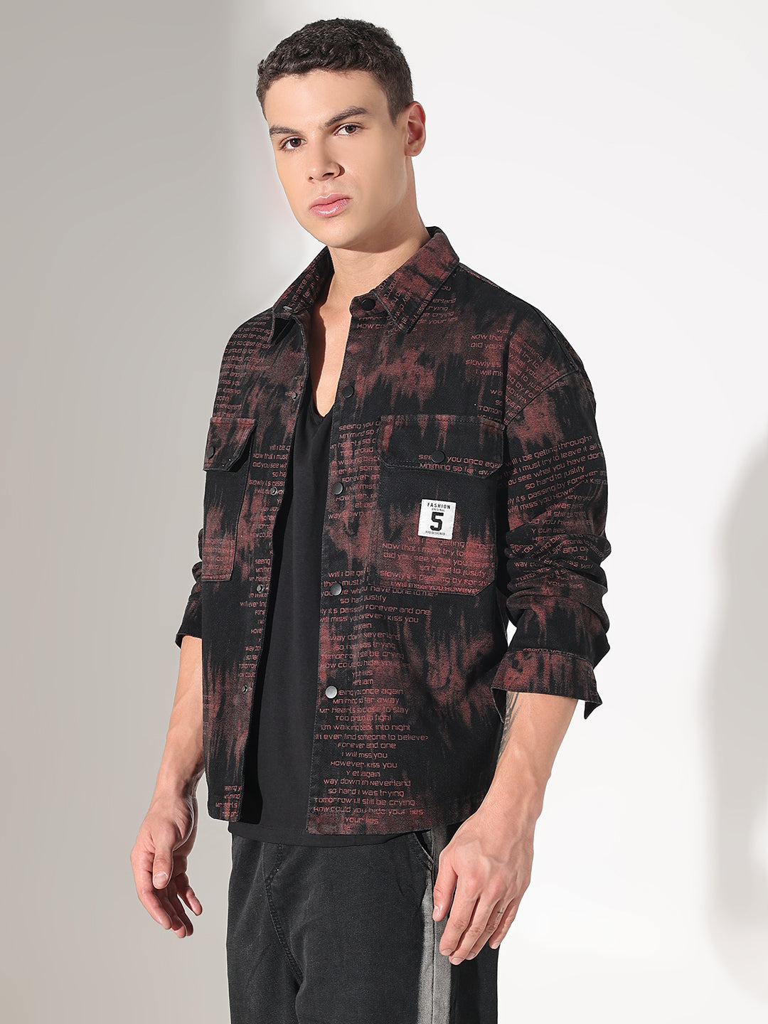 Men's Abstract Black Denim Button Down Shacket