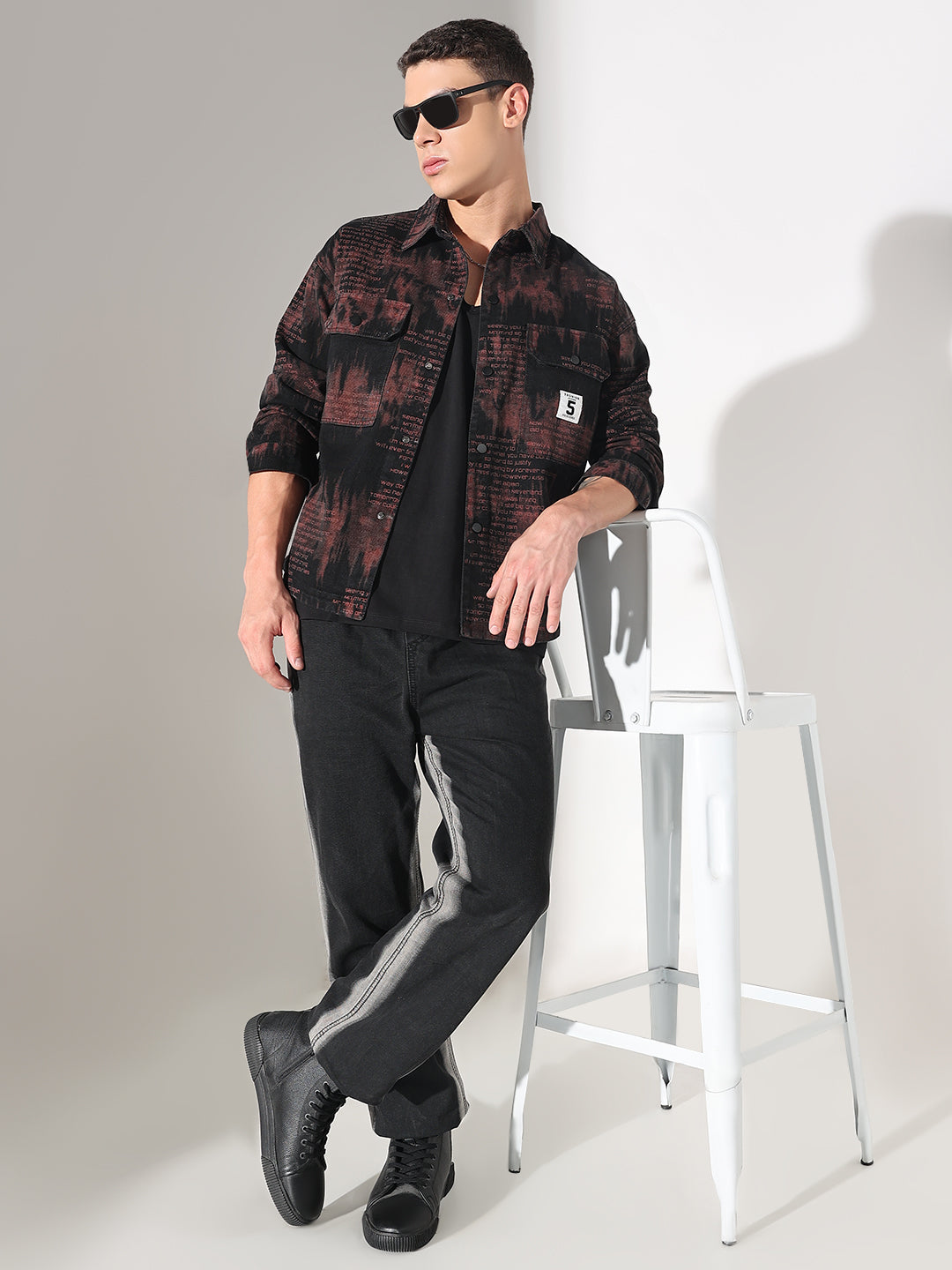 Men's Abstract Black Denim Button Down Shacket