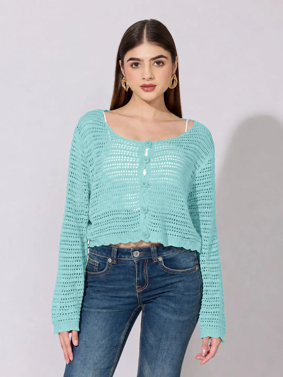 Women's Blue Crochet Knit Button Down Top with Inner