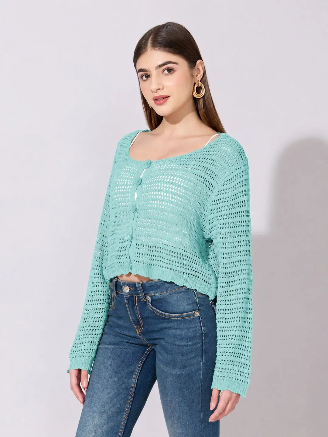 Women's Blue Crochet Knit Button Down Top with Inner