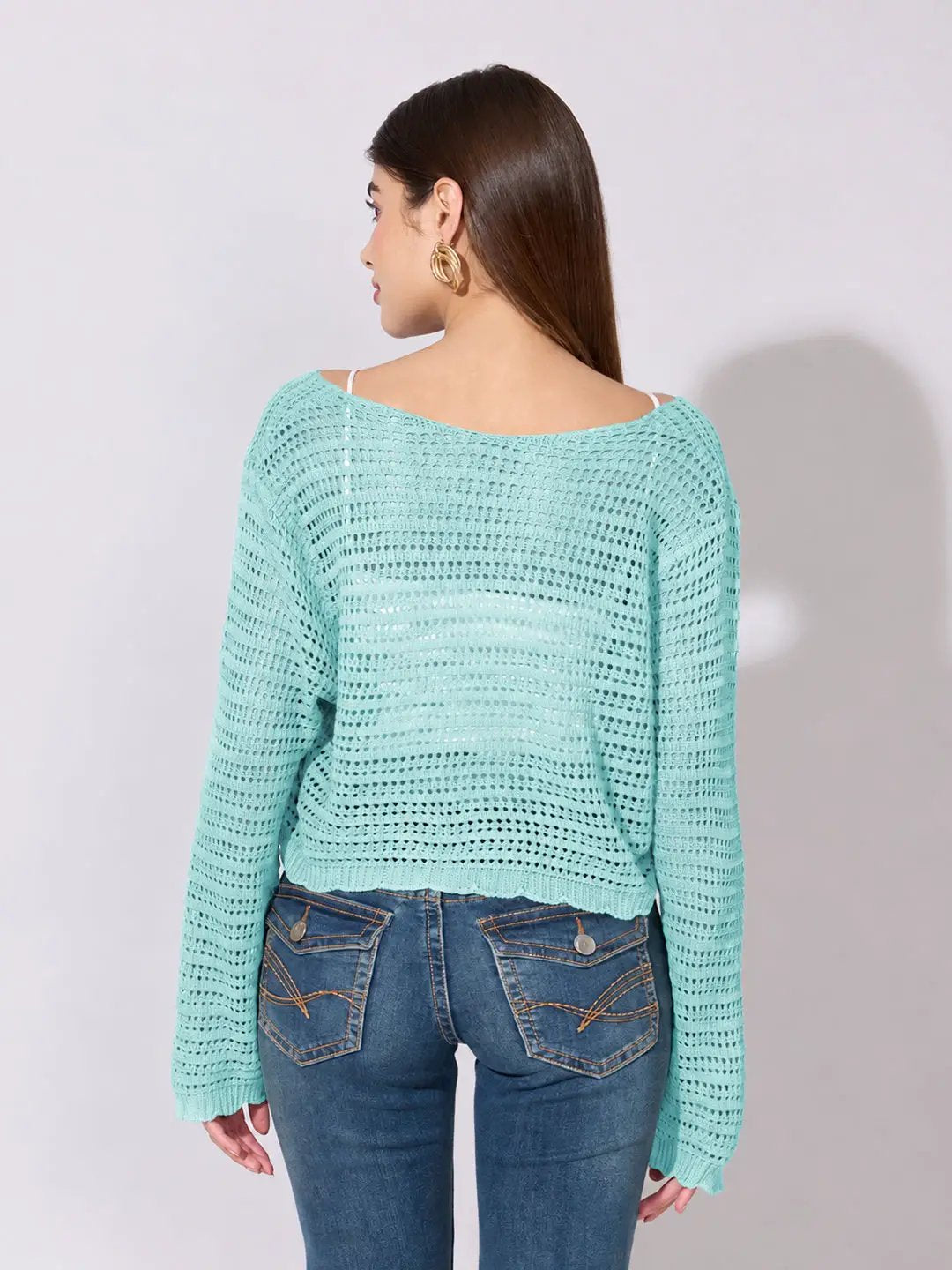 Women's Blue Crochet Knit Button Down Top with Inner