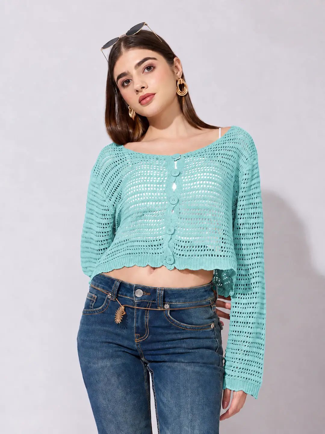 Women's Blue Crochet Knit Button Down Top with Inner