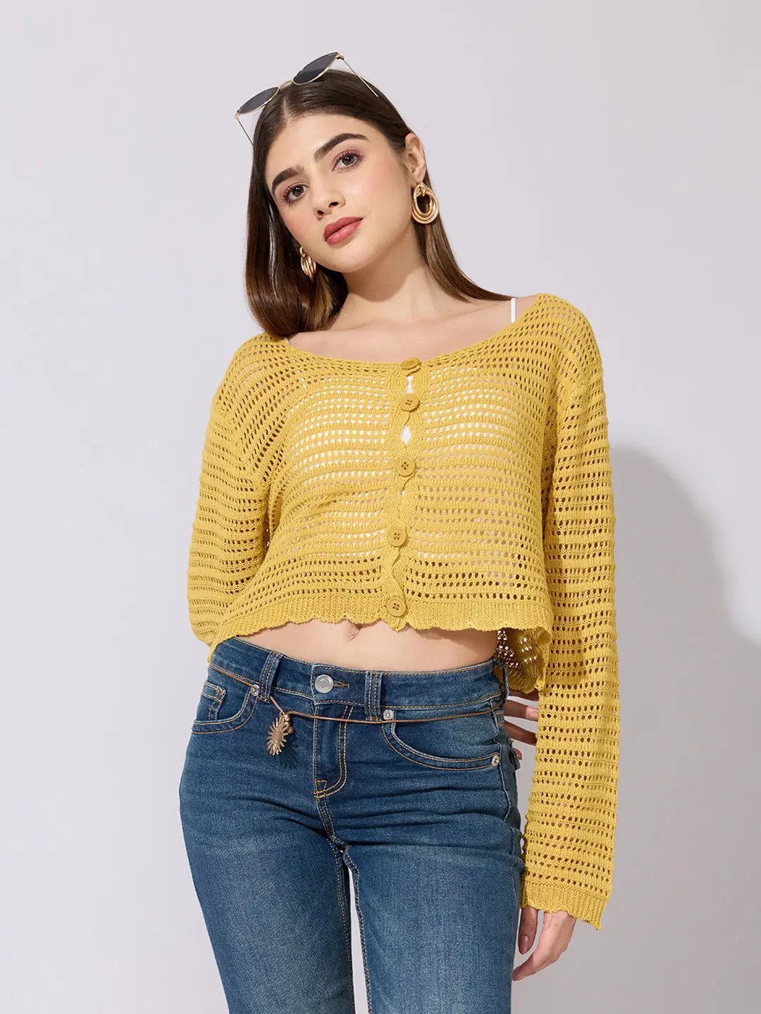Shop Women's Mustard Crochet Knit Button Down Top with Inner