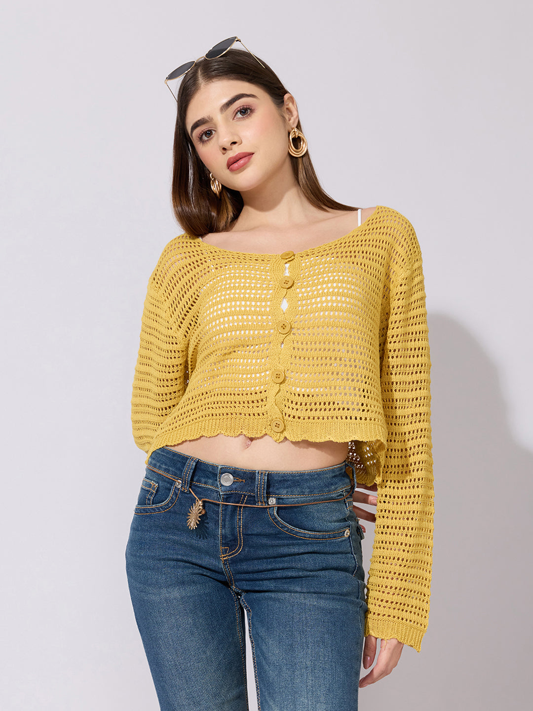 Women's Mustard Crochet Knit Button Down Top with Inner