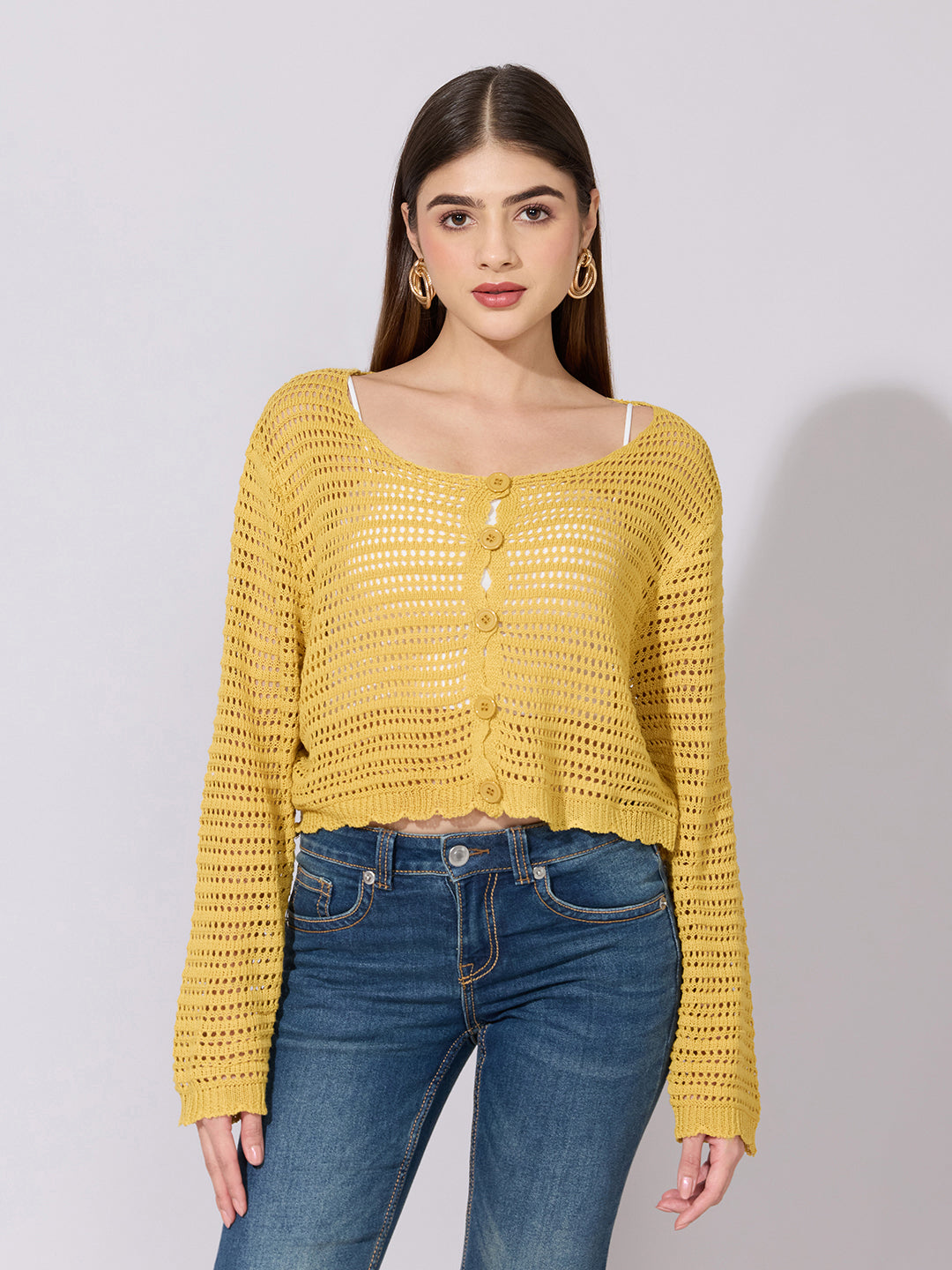 Women's Mustard Crochet Knit Button Down Top with Inner