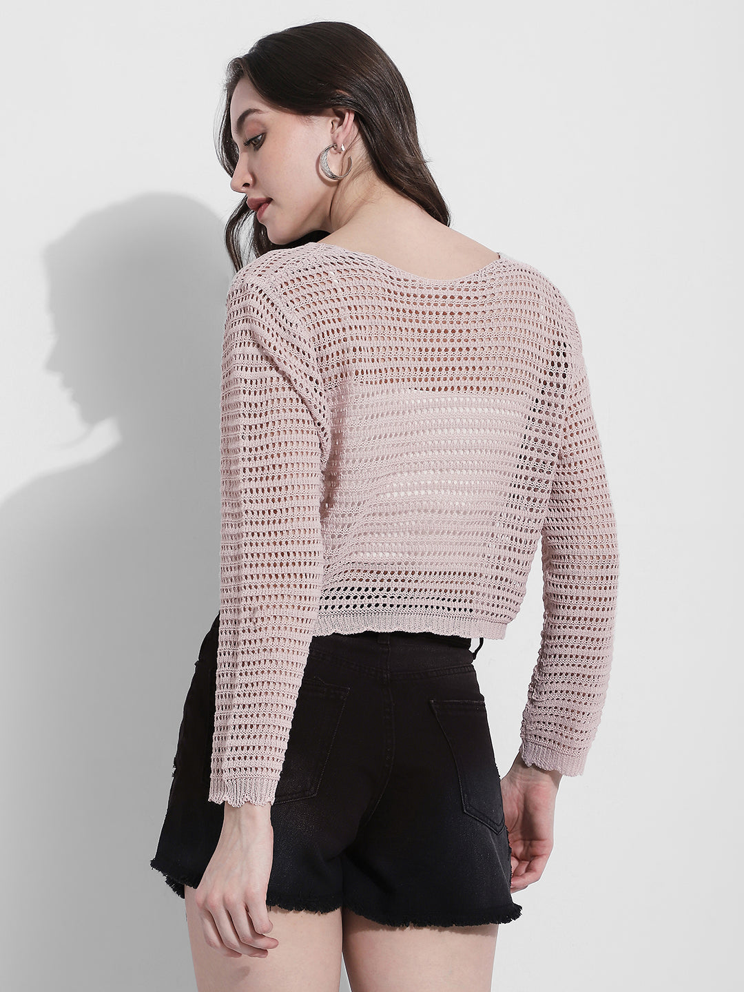 Women's Pink Crochet Knit Button Down Top with Inner