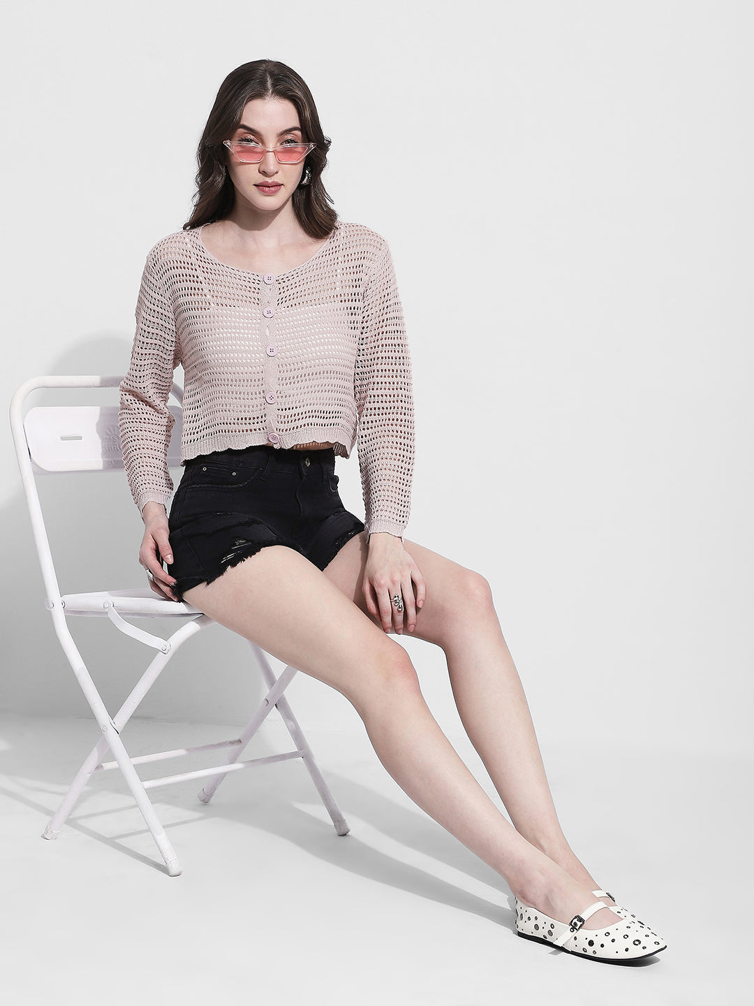 Women's Pink Crochet Knit Button Down Top with Inner