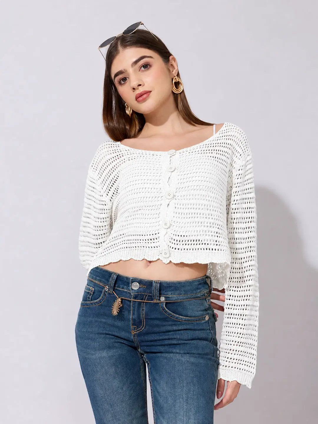 Women's White Crochet Knit Button Down Top with Inner