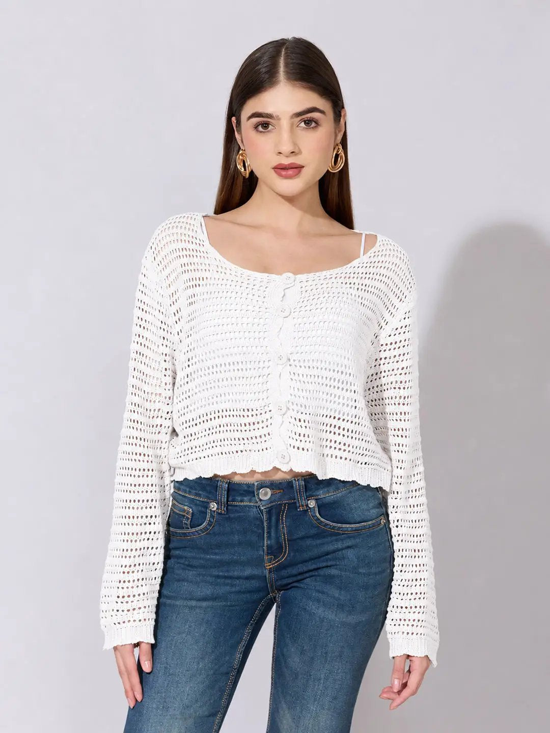 Women's White Crochet Knit Button Down Top with Inner