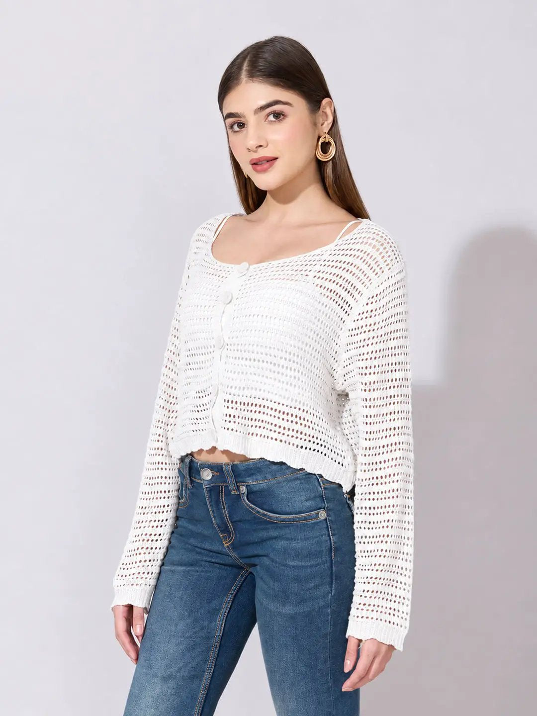 Women's White Crochet Knit Button Down Top with Inner