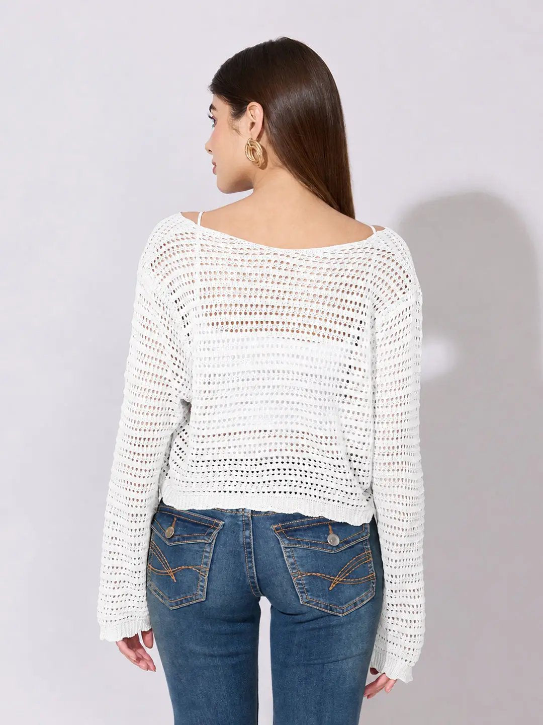 Women's White Crochet Knit Button Down Top with Inner