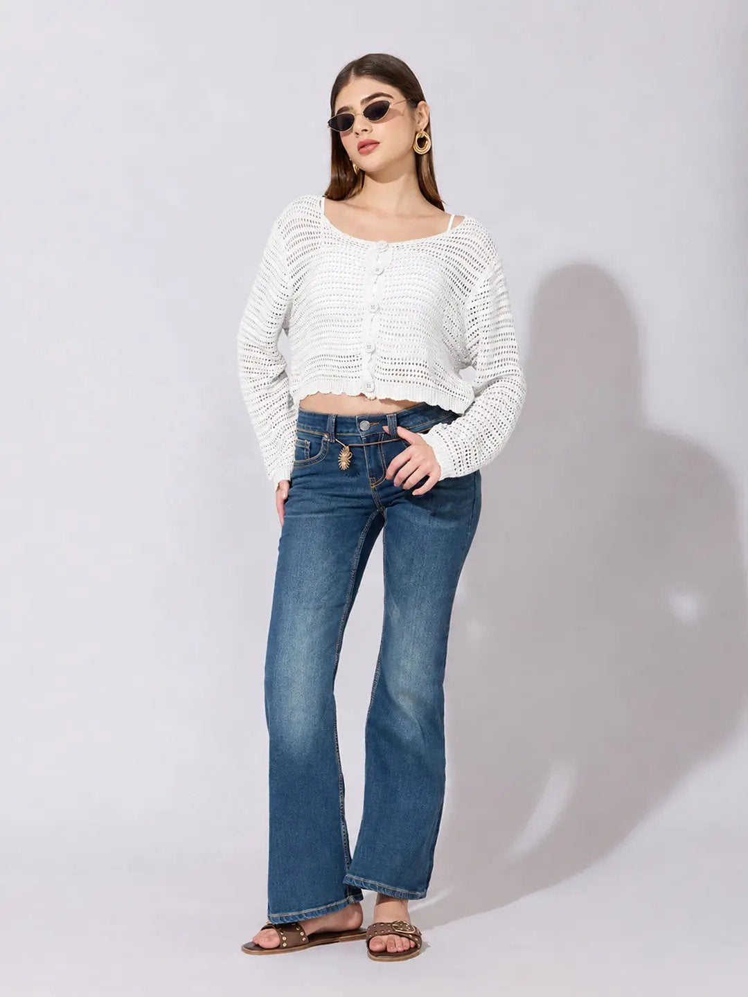 Women's White Crochet Knit Button Down Top with Inner