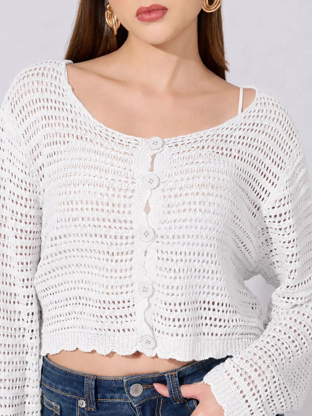 Women's White Crochet Knit Button Down Top with Inner