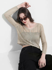 Women's Beige Crochet Open Knit Top with Inner