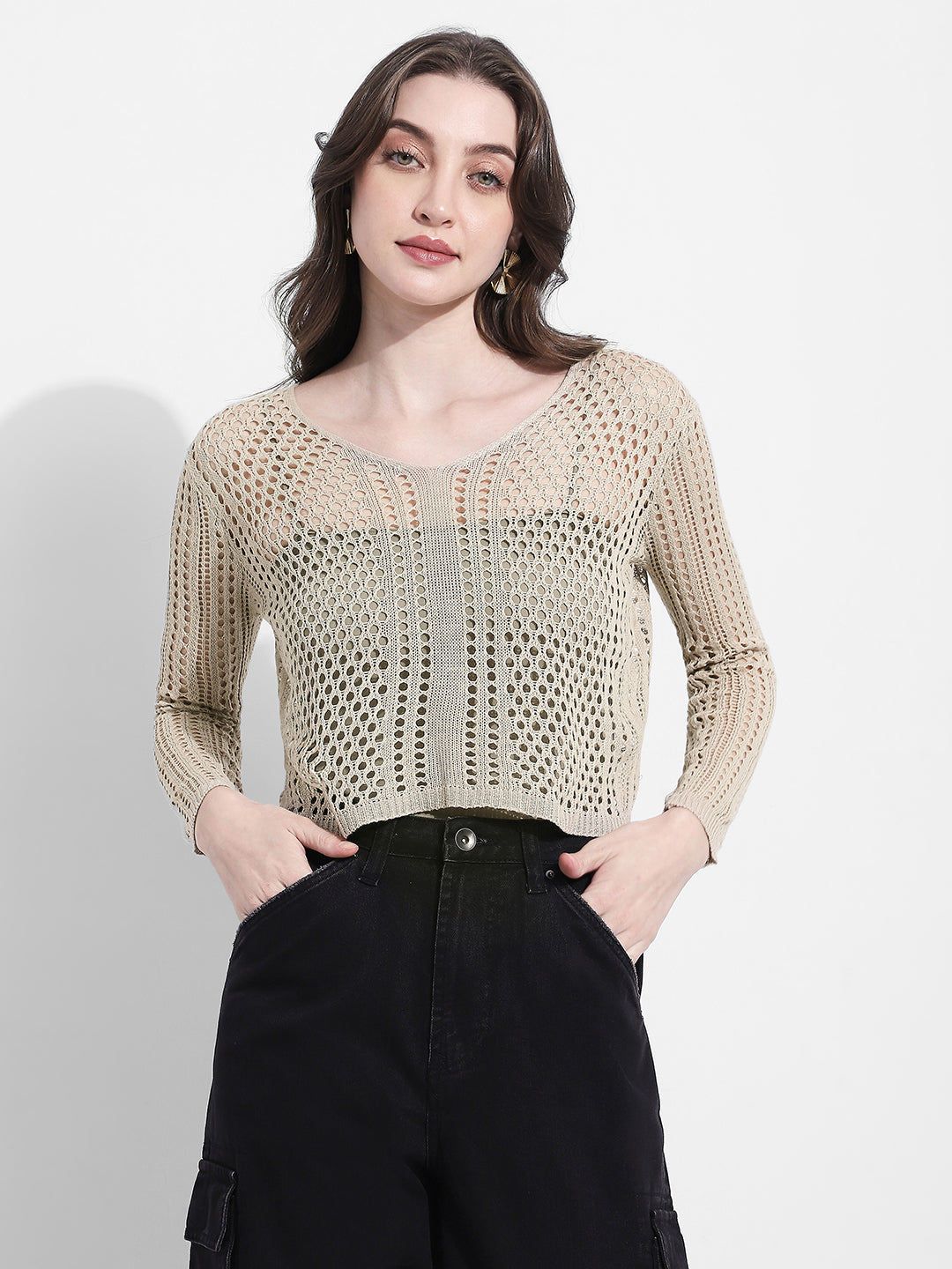 Women's Beige Crochet Open Knit Top with Inner