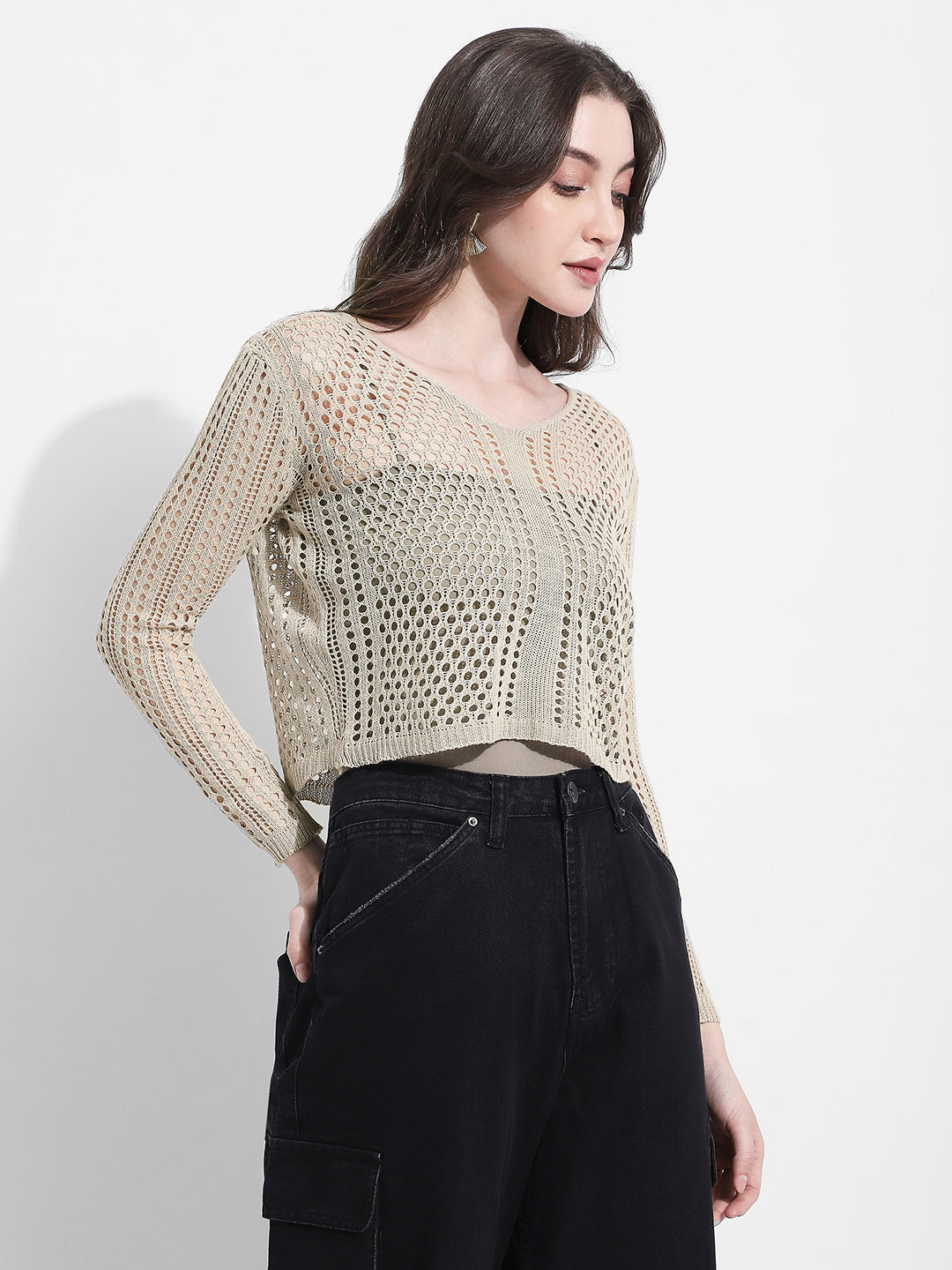 Women's Beige Crochet Open Knit Top with Inner