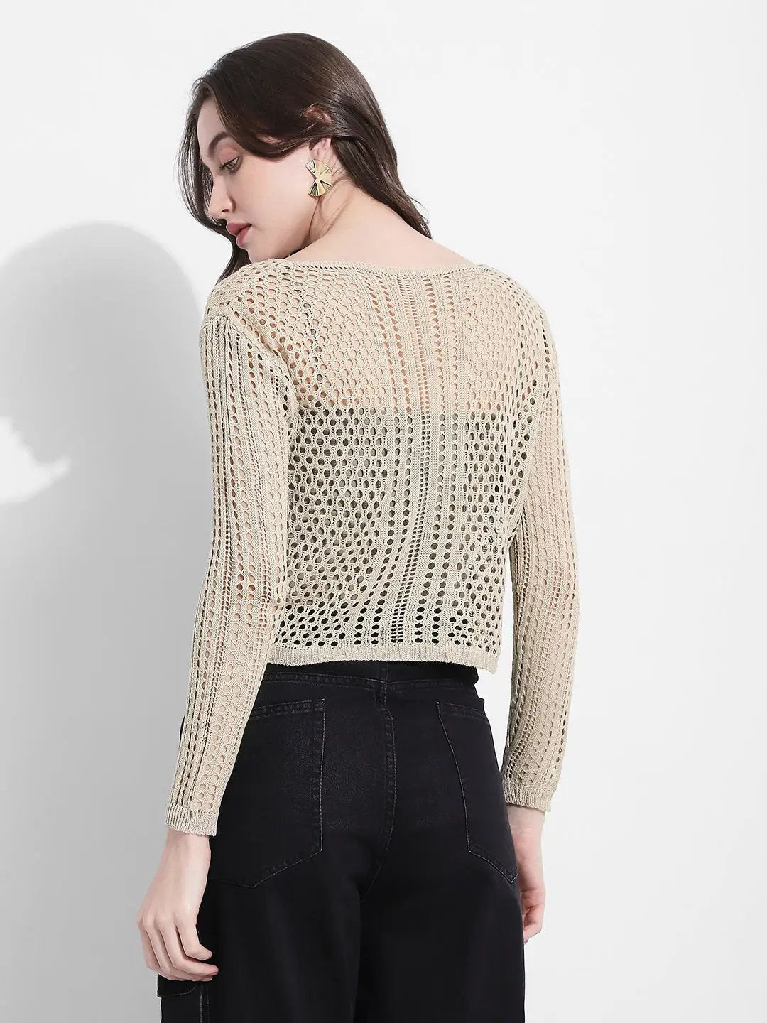 Women's Beige Crochet Open Knit Top with Inner