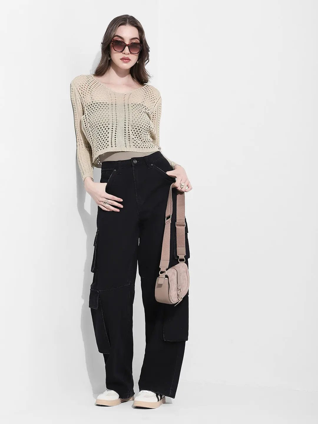 Women's Beige Crochet Open Knit Top with Inner