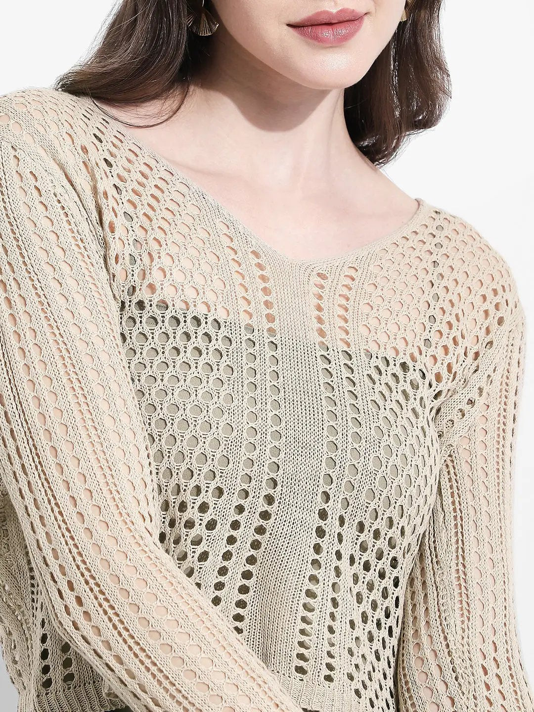 Women's Beige Crochet Open Knit Top with Inner