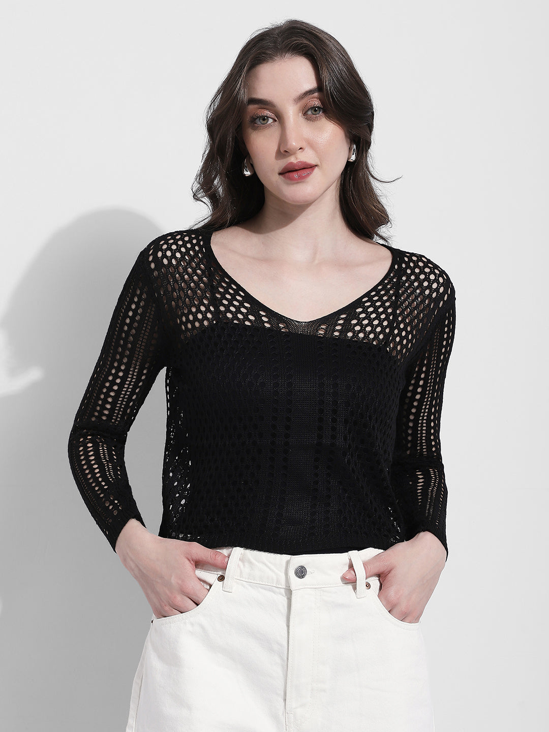Women's Black Crochet Open Knit Top with Inner