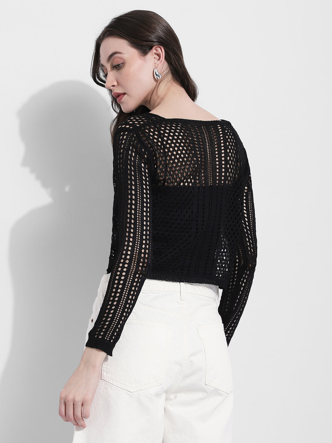 Women's Black Crochet Open Knit Top with Inner