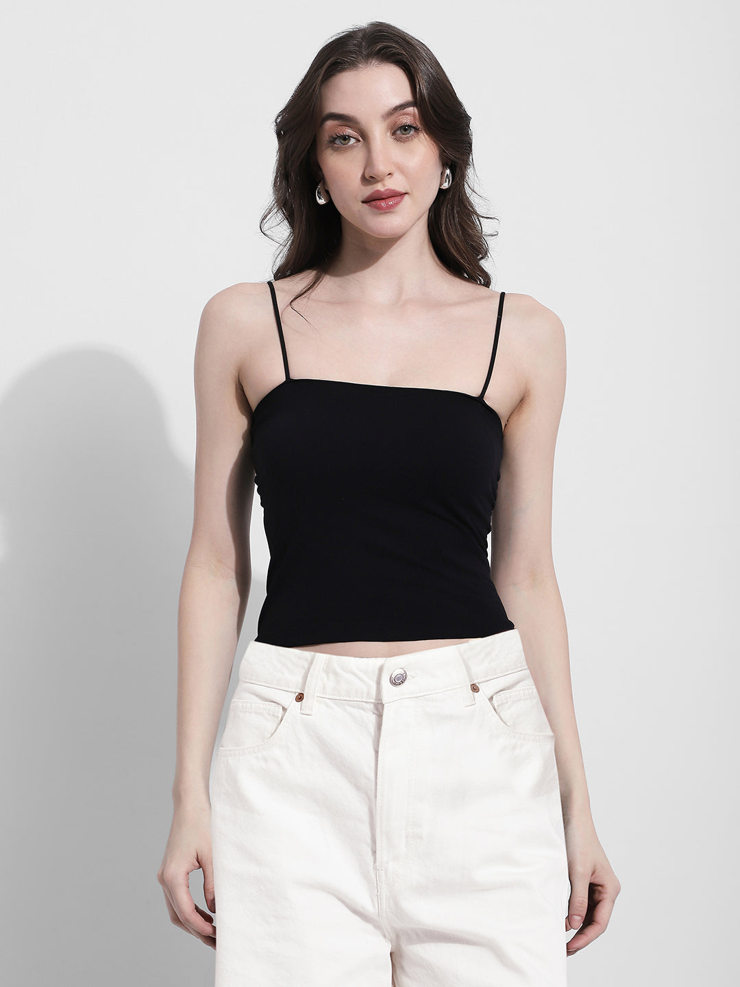 Women's Black Crochet Open Knit Top with Inner