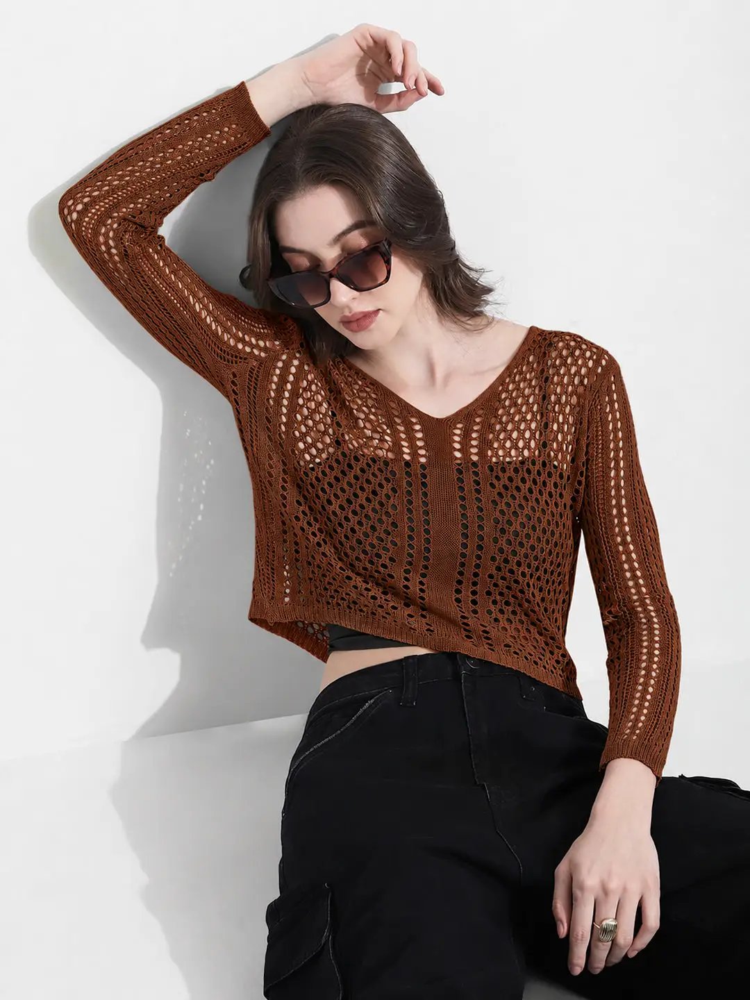 Women's Brown Crochet Knit Button Down Top with Inner