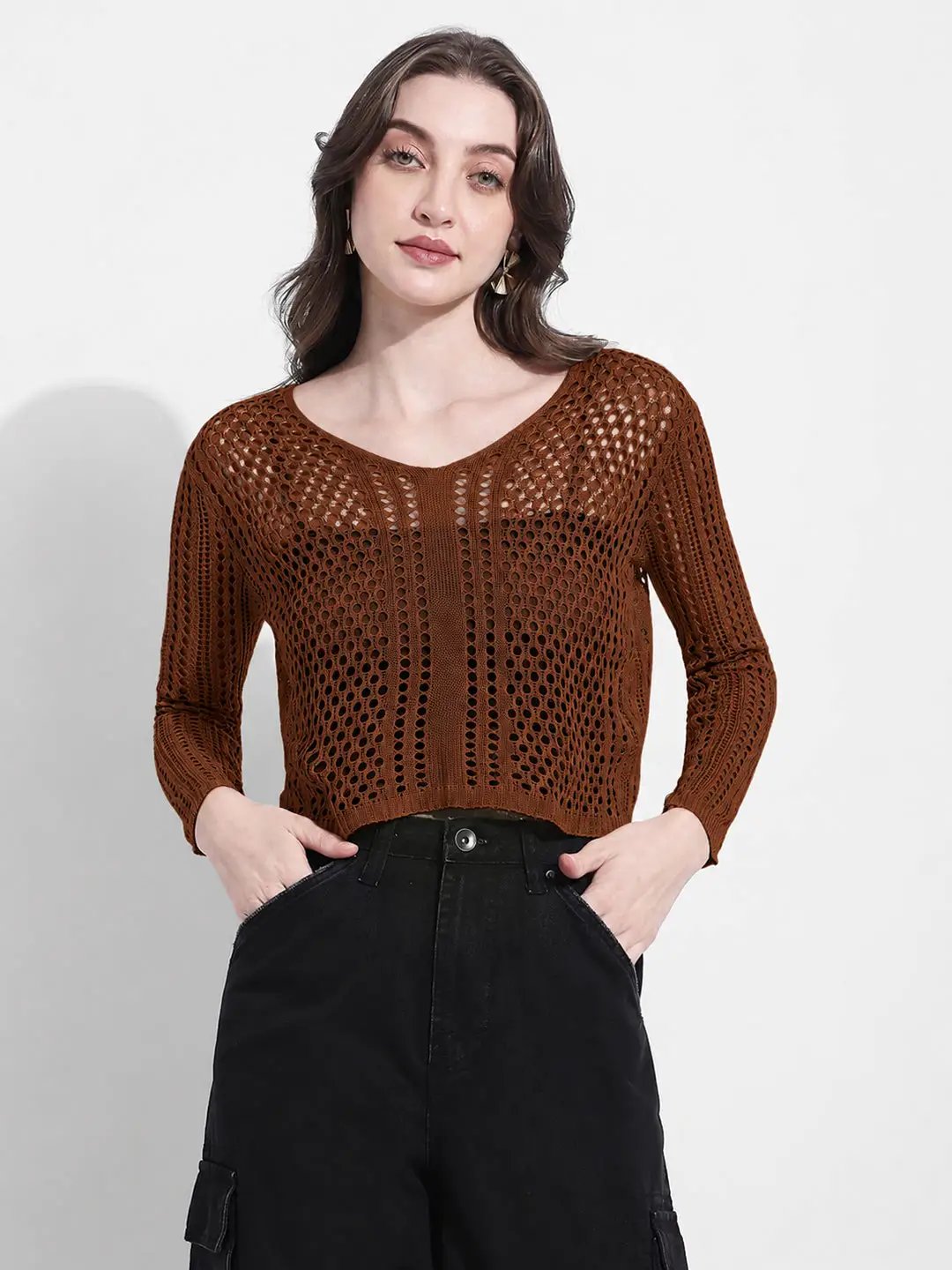 Women's Brown Crochet Knit Button Down Top with Inner