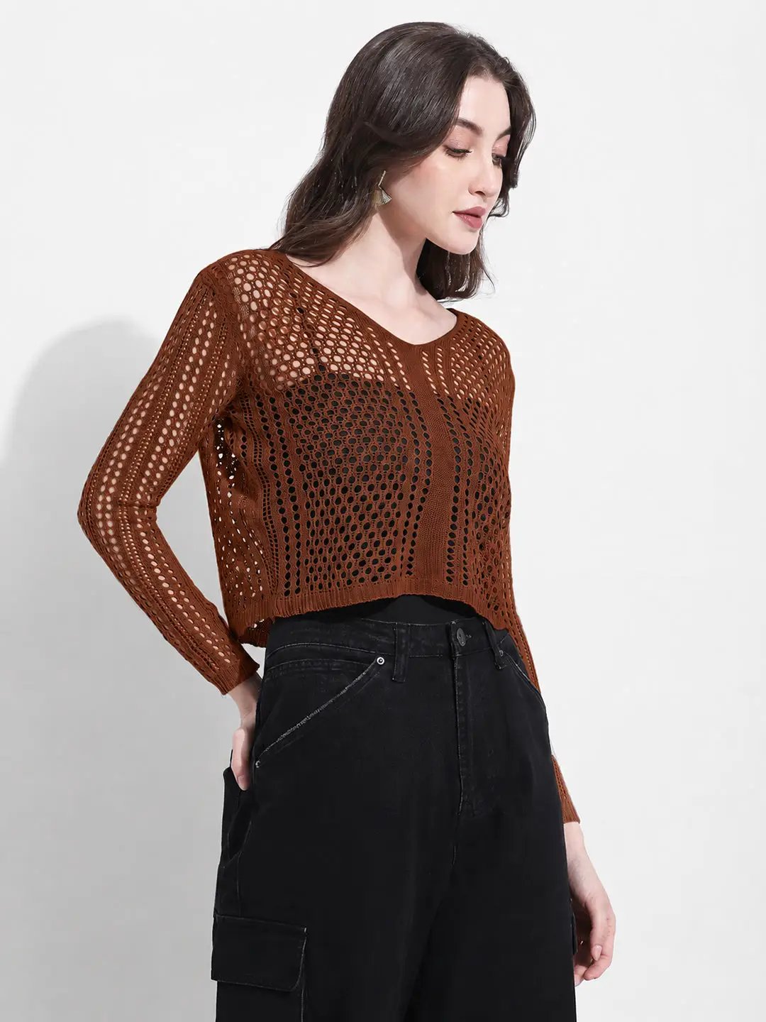 Women's Brown Crochet Knit Button Down Top with Inner