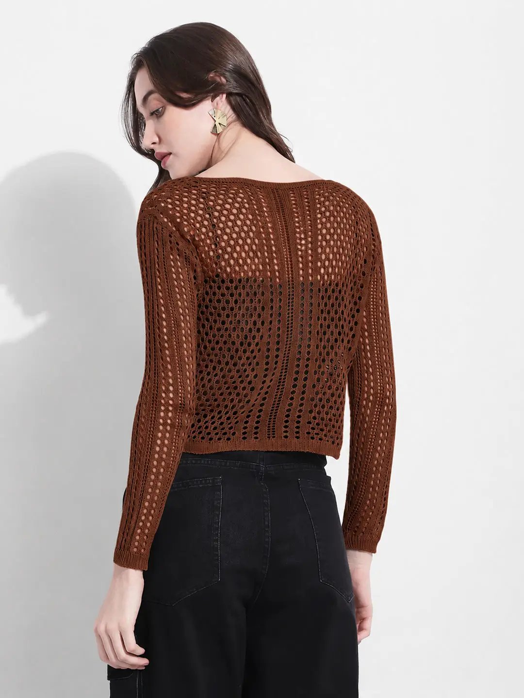 Women's Brown Crochet Knit Button Down Top with Inner
