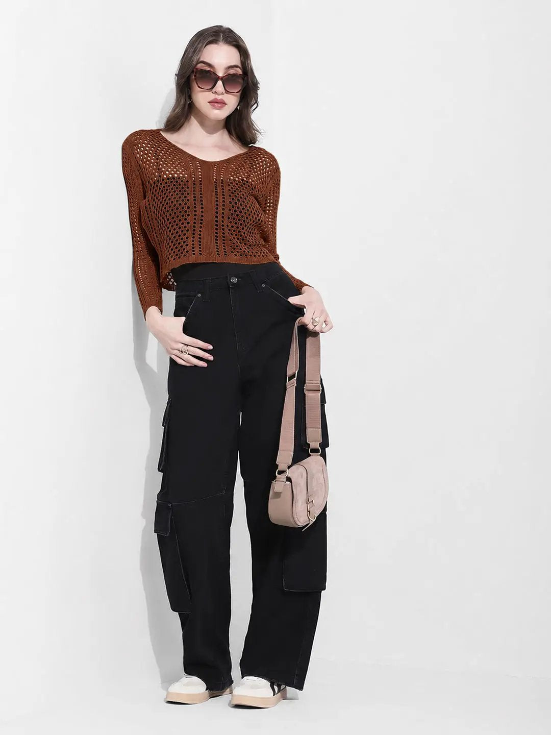 Women's Brown Crochet Knit Button Down Top with Inner