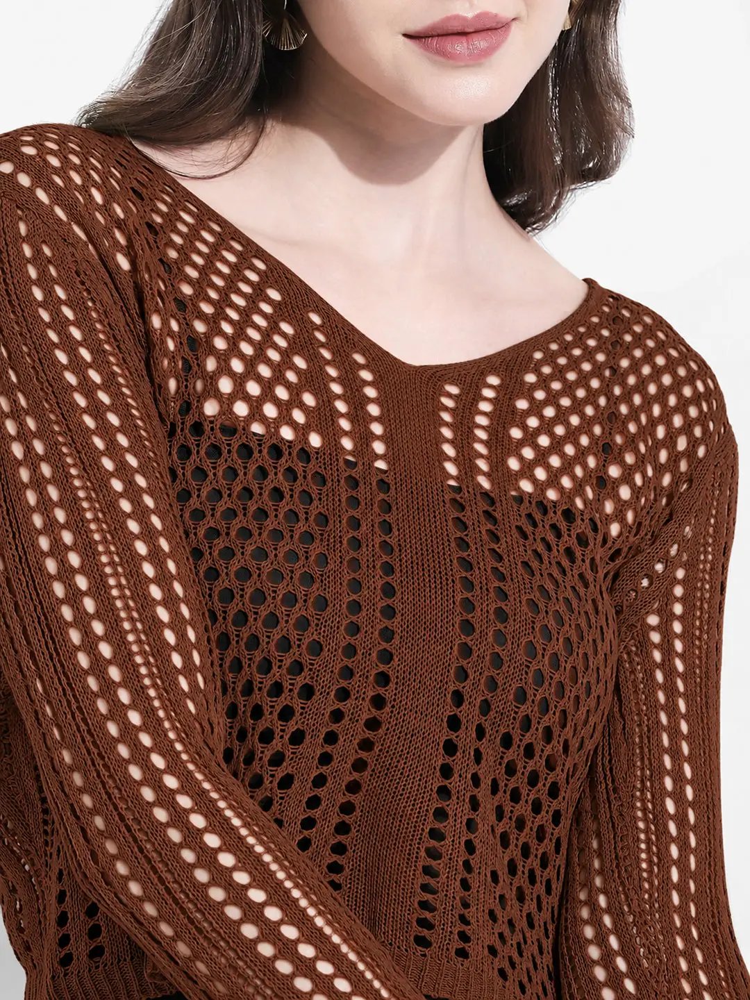 Women's Brown Crochet Knit Button Down Top with Inner
