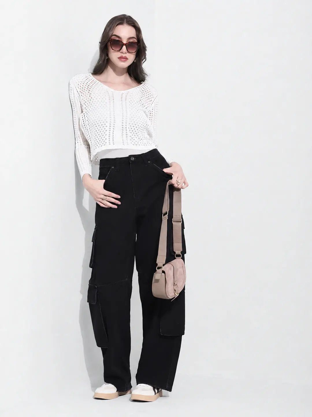 Women's White Crochet Knit Button Down Top with Inner