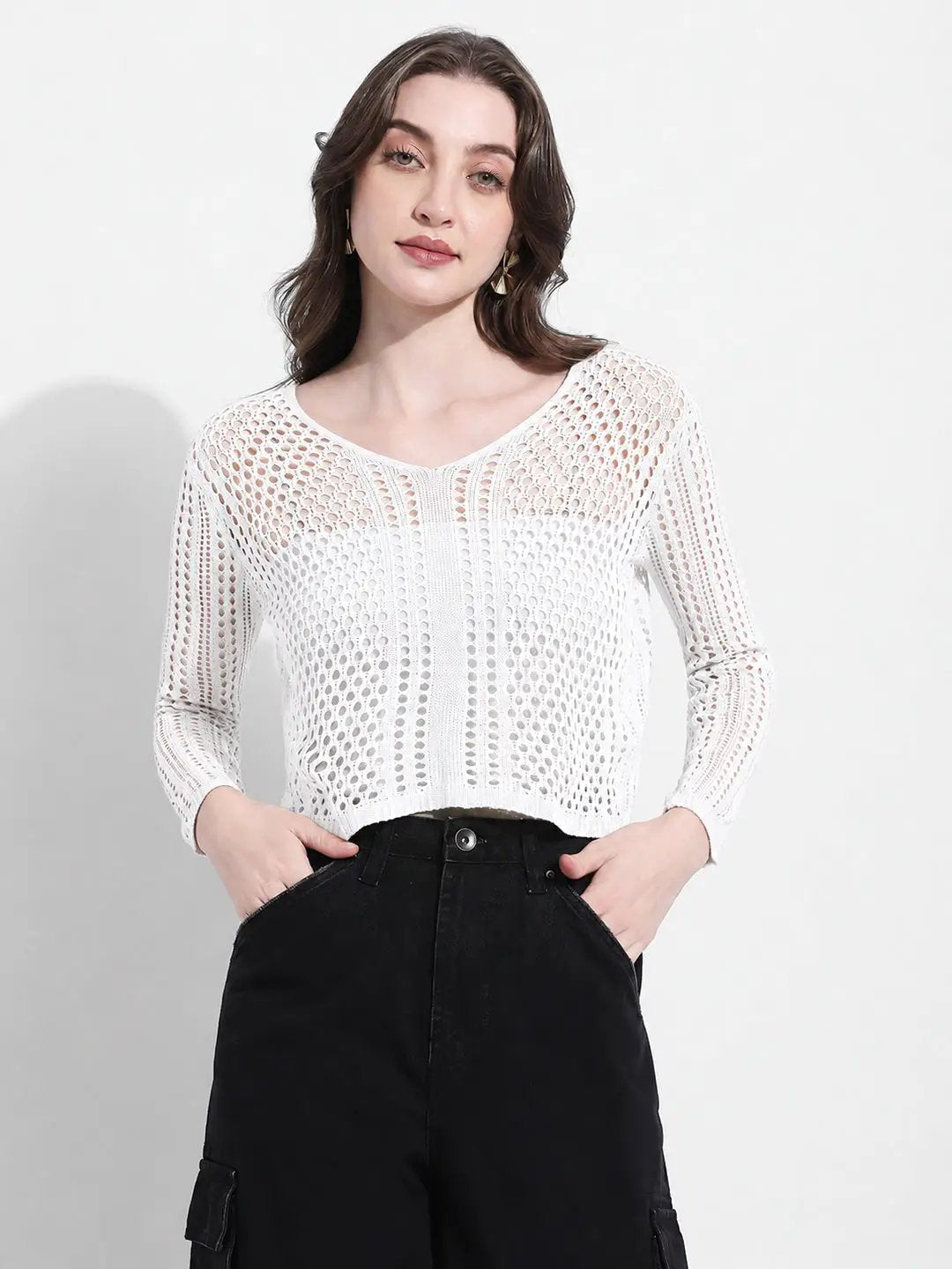 Women's White Crochet Knit Button Down Top with Inner