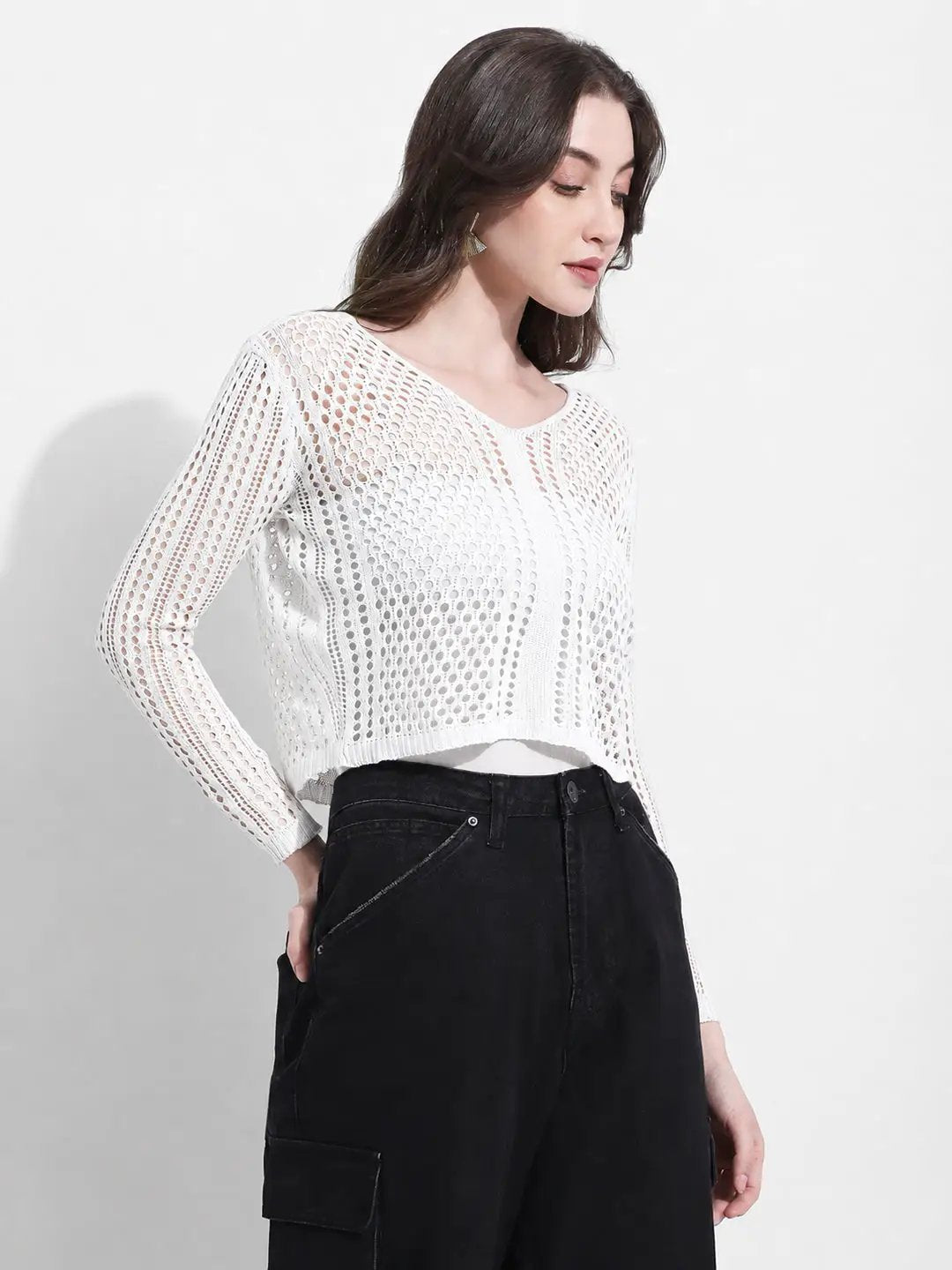 Women's White Crochet Knit Button Down Top with Inner