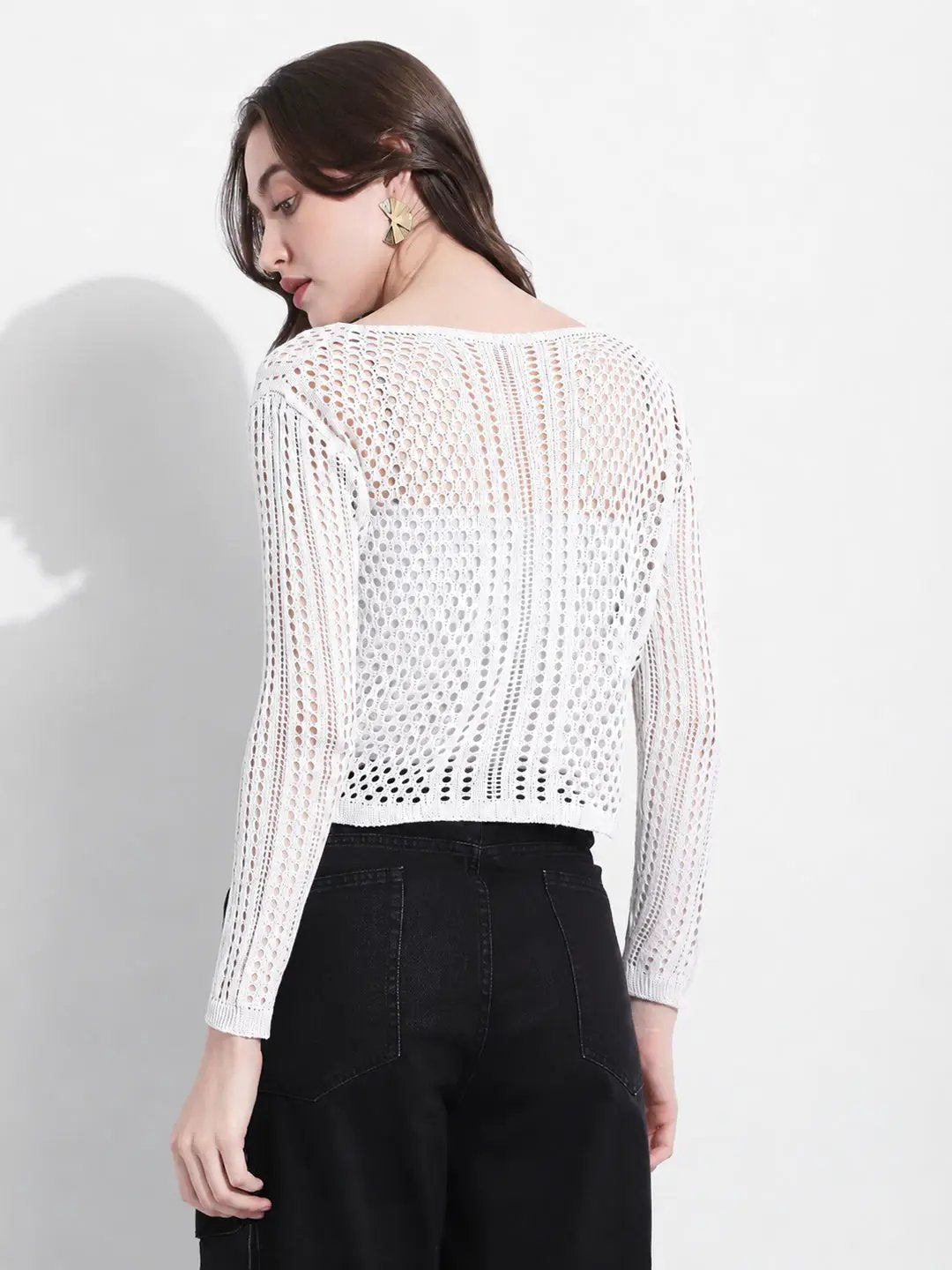Women's White Crochet Knit Button Down Top with Inner