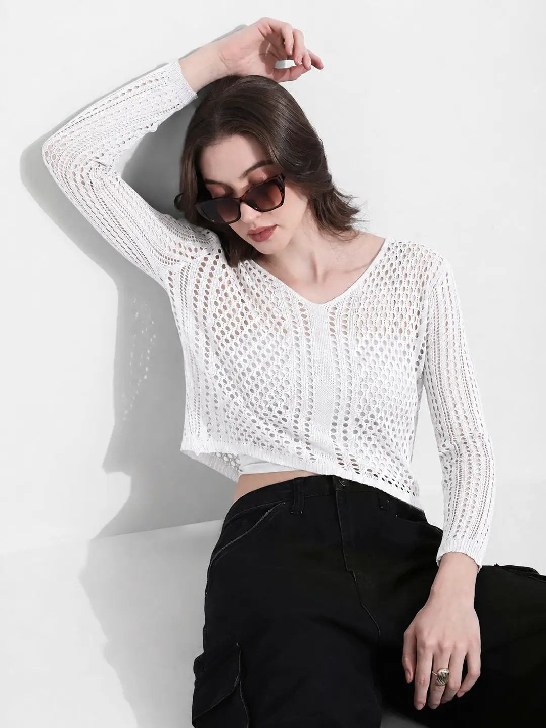 Women's White Crochet Knit Button Down Top with Inner