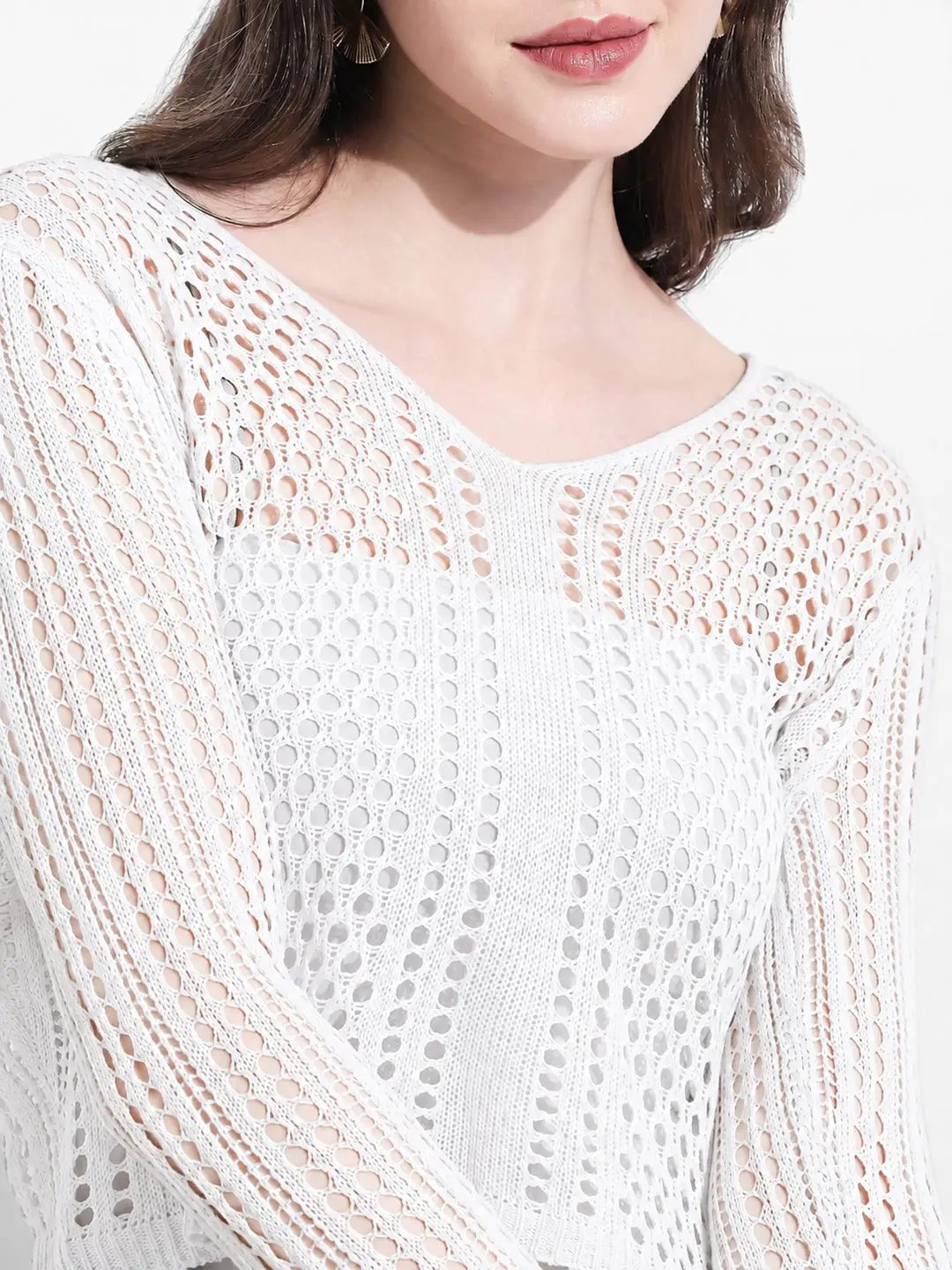 Women's White Crochet Knit Button Down Top with Inner