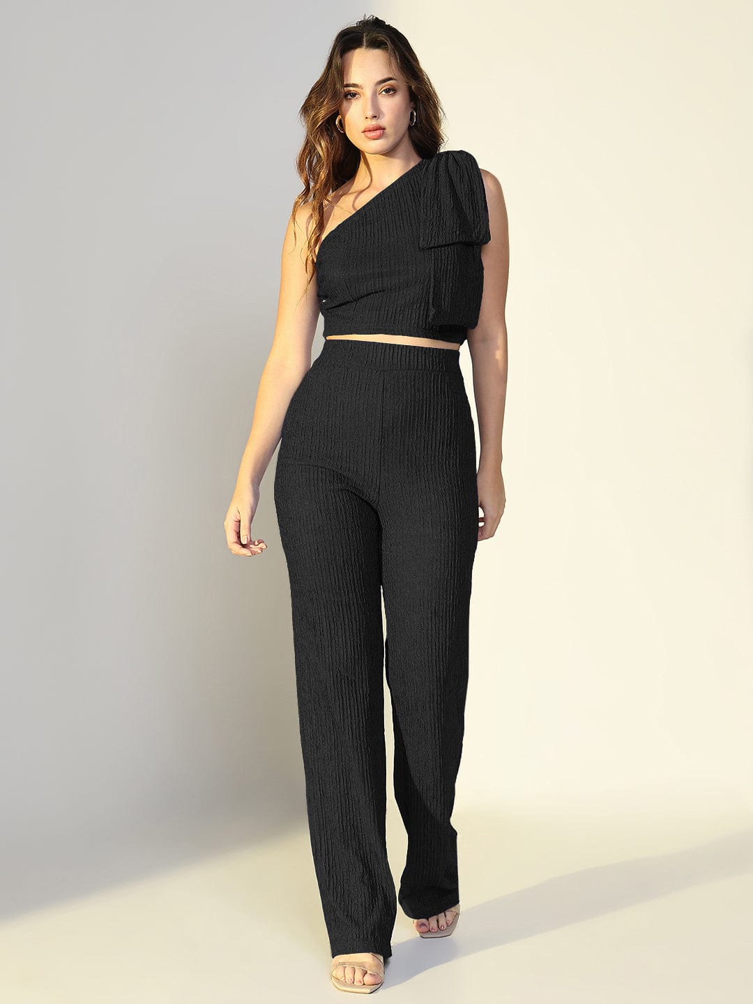 Women's Textured Black One Shoulder Top with Pants Co-Ords Set