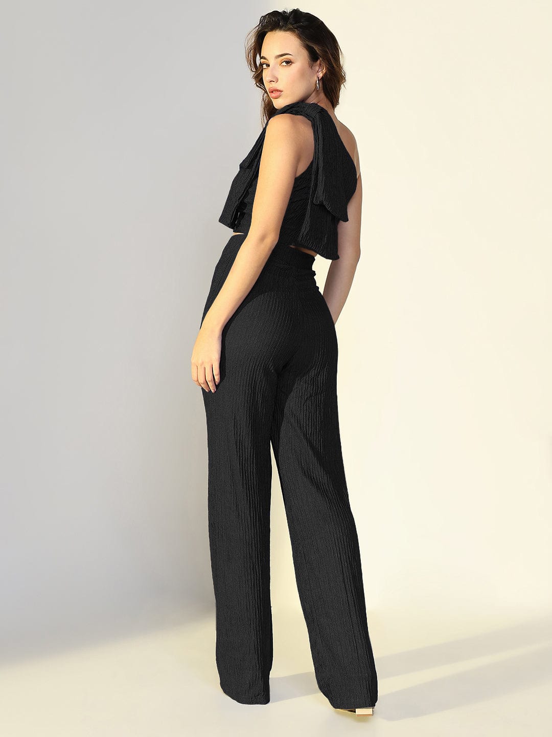 Women's Textured Black One Shoulder Top with Pants Co-Ords Set