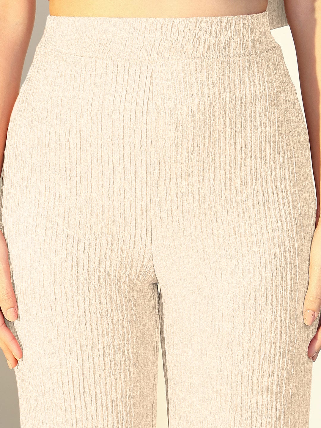 Women's Textured Cream One Shoulder Top with Pants Co-Ords Set