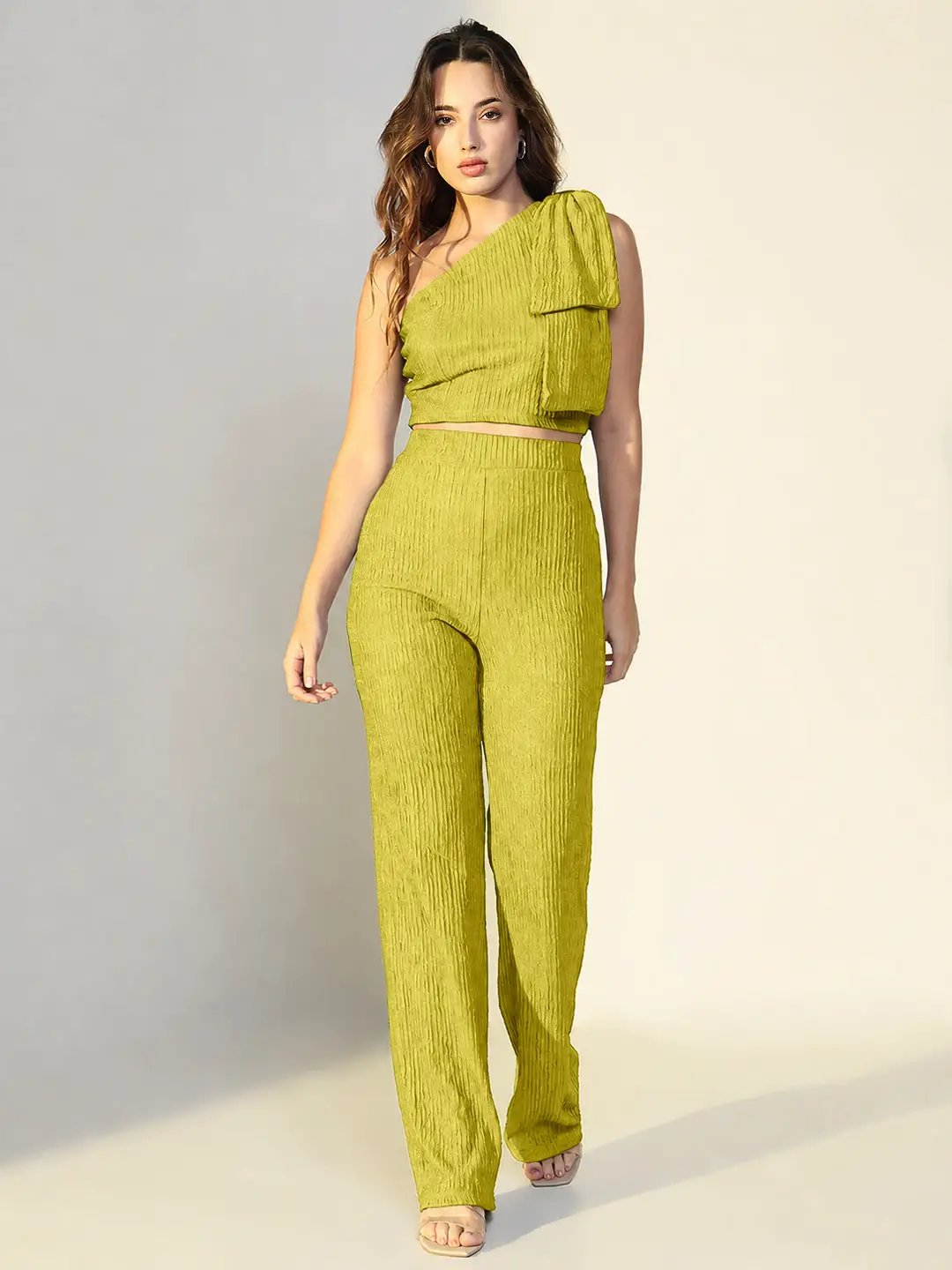 SHOWOFFFFF Women's Textured Green One Shoulder Top with Pants Co-Ords Set