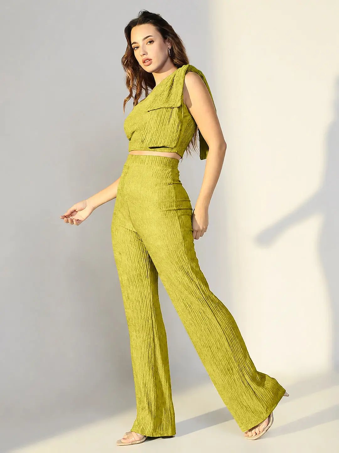 SHOWOFFFFF Women's Textured Green One Shoulder Top with Pants Co-Ords Set