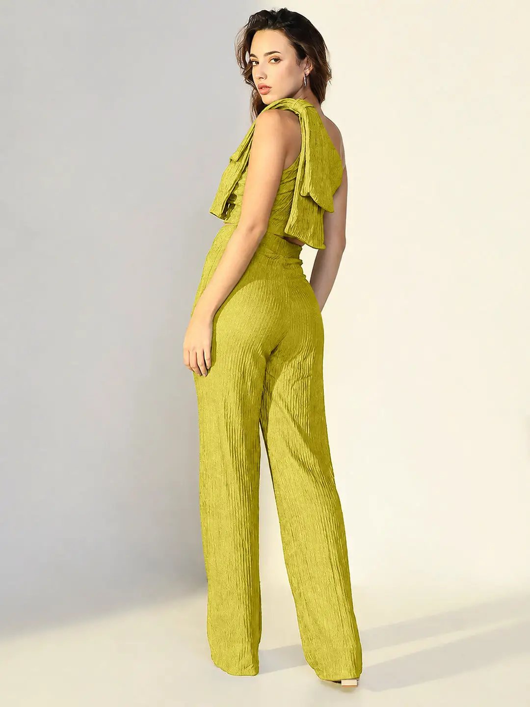 SHOWOFFFFF Women's Textured Green One Shoulder Top with Pants Co-Ords Set