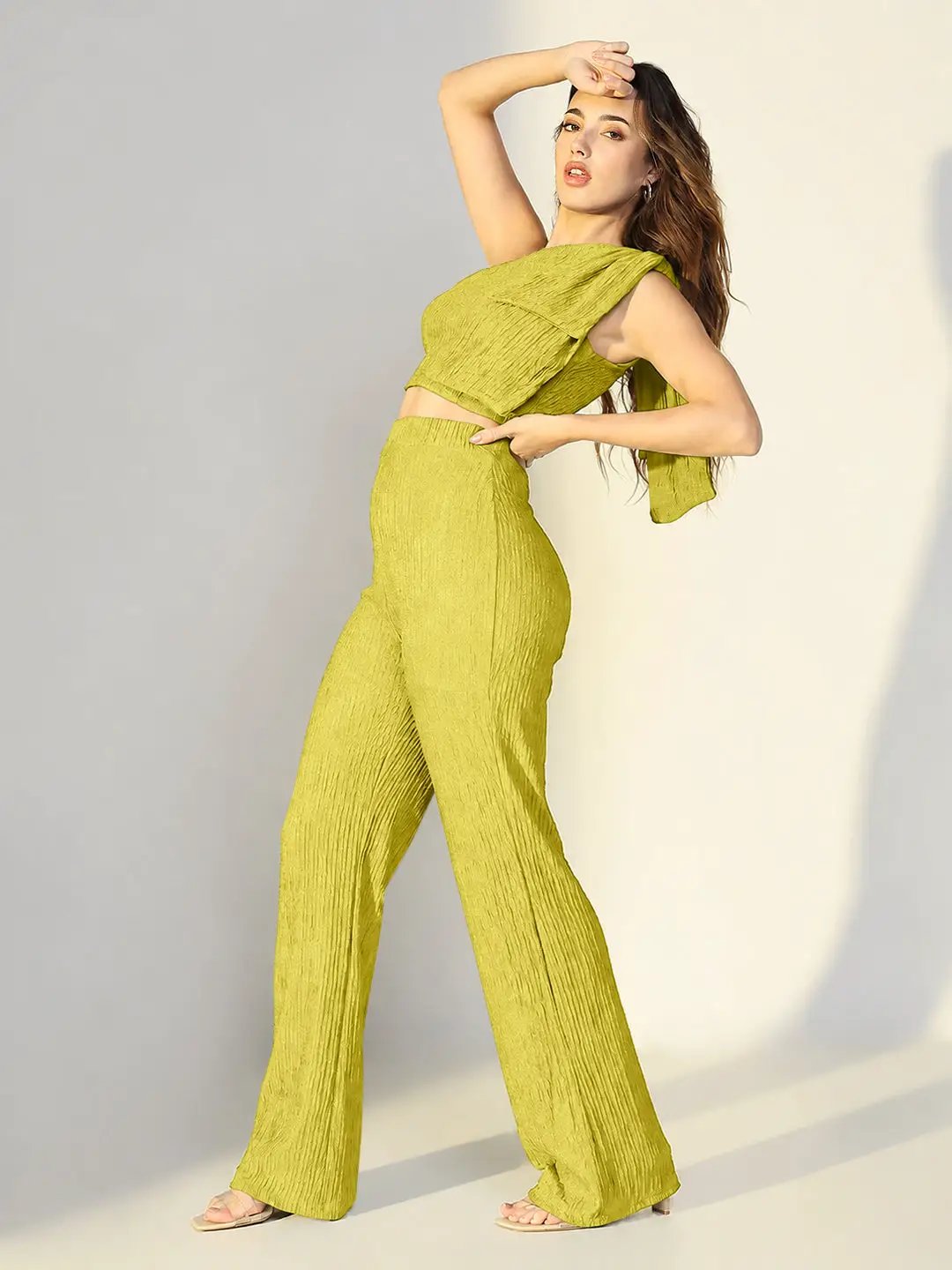 SHOWOFFFFF Women's Textured Green One Shoulder Top with Pants Co-Ords Set