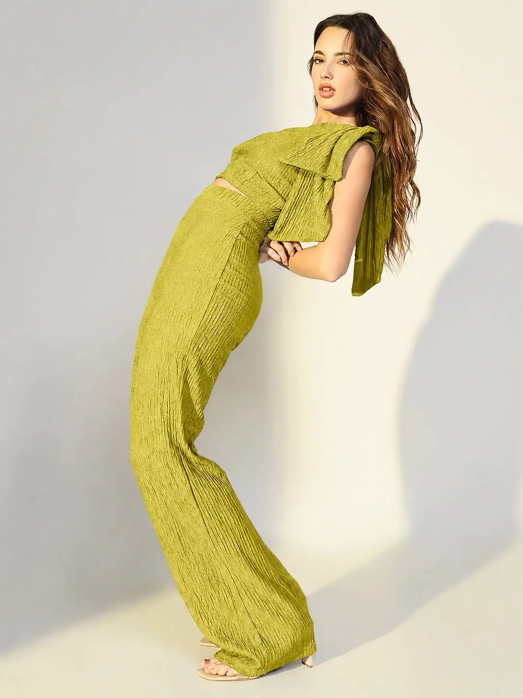 SHOWOFFFFF Women's Textured Green One Shoulder Top with Pants Co-Ords Set