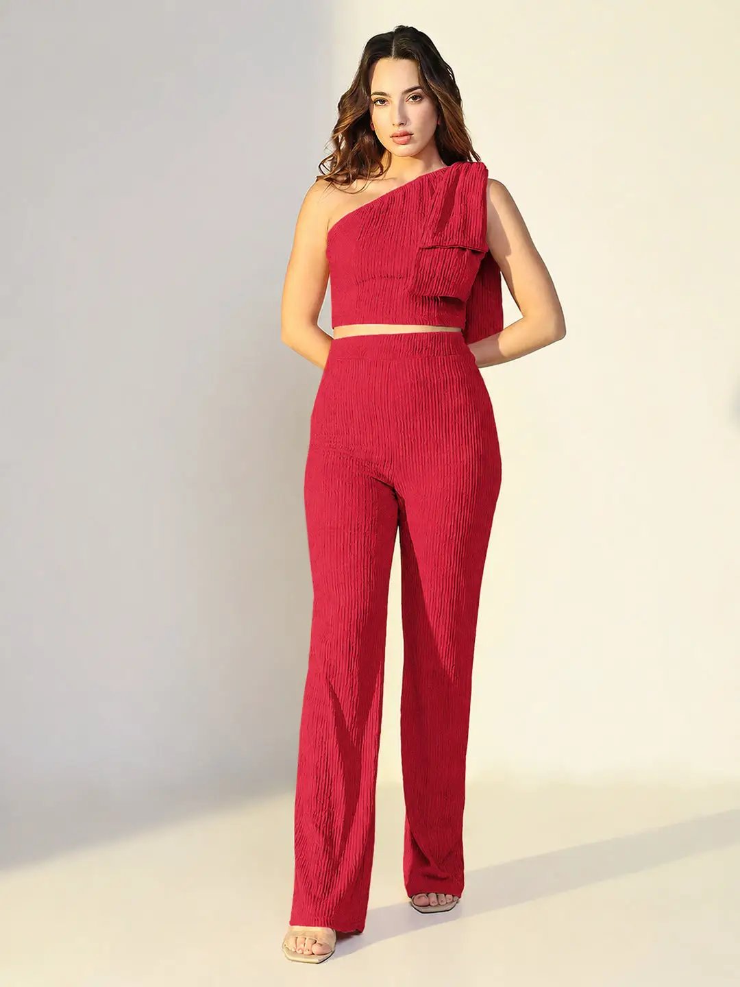 SHOWOFFFFF Women's Textured Red One Shoulder Top with Pants Co-Ords Set