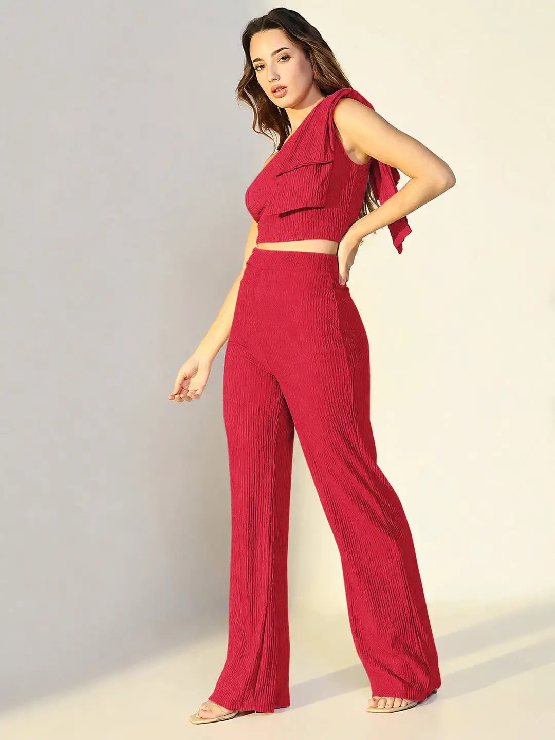 SHOWOFFFFF Women's Textured Red One Shoulder Top with Pants Co-Ords Set